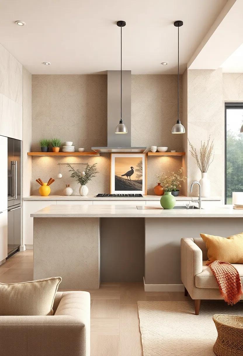 Create a visual centerpiece with beige-framed art pieces or photographs that resonate with your kitchen’s theme