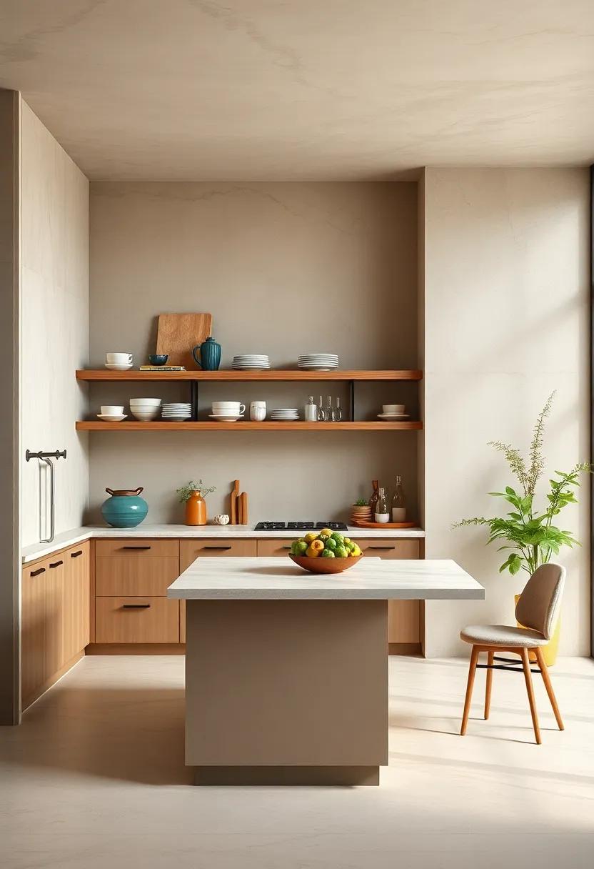 Highlight open shelving with beige backdrops that allow your colorful dishware to pop beautifully
