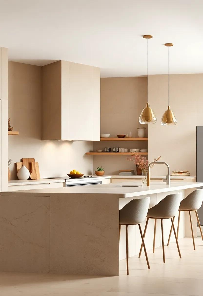 Layer textures by mixing smooth beige surfaces with natural stone elements for a more dynamic kitchen design
