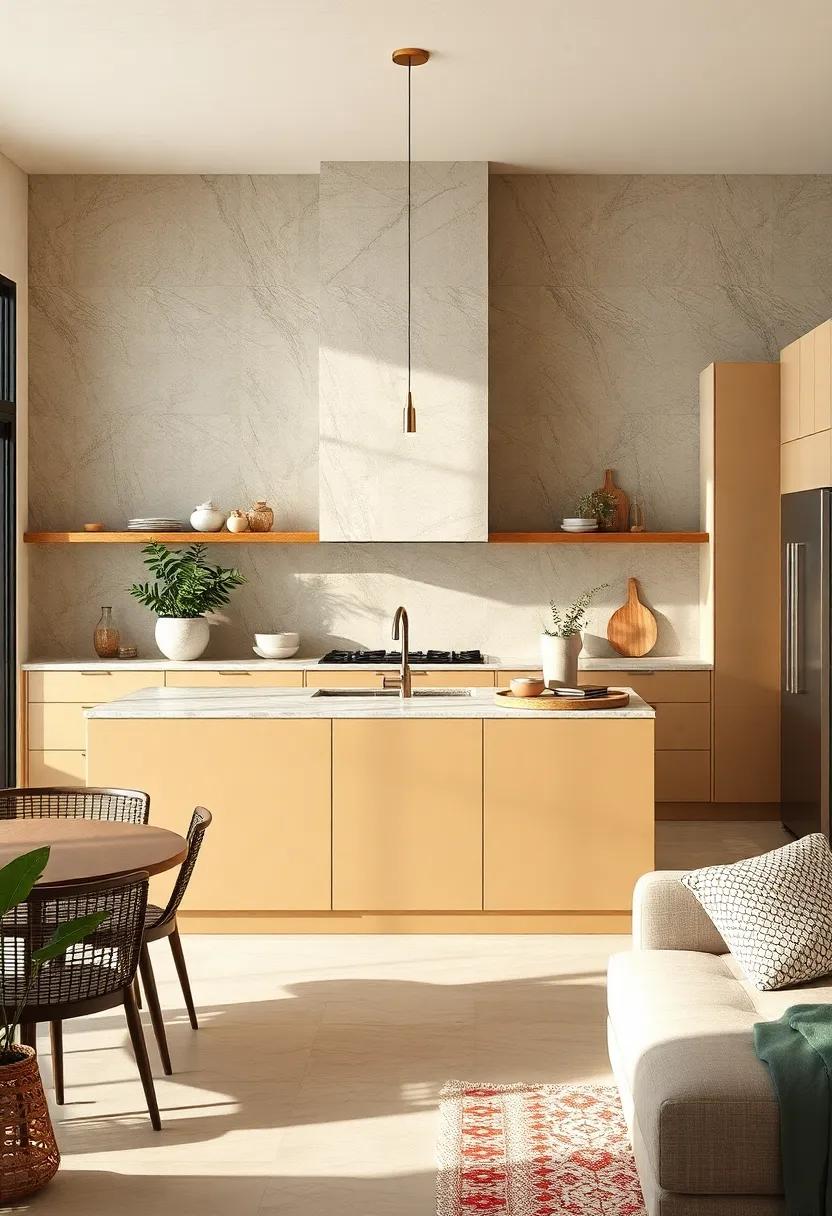 Paint your kitchen island in a rich beige to make it a focal point, harmonizing with surrounding elements