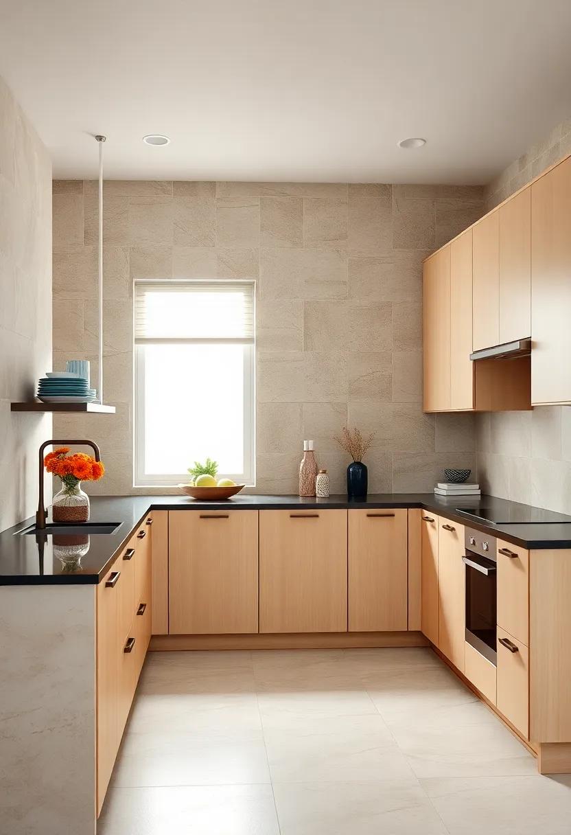 Pair beige cabinetry with sleek black countertops for a striking contrast that remains timeless