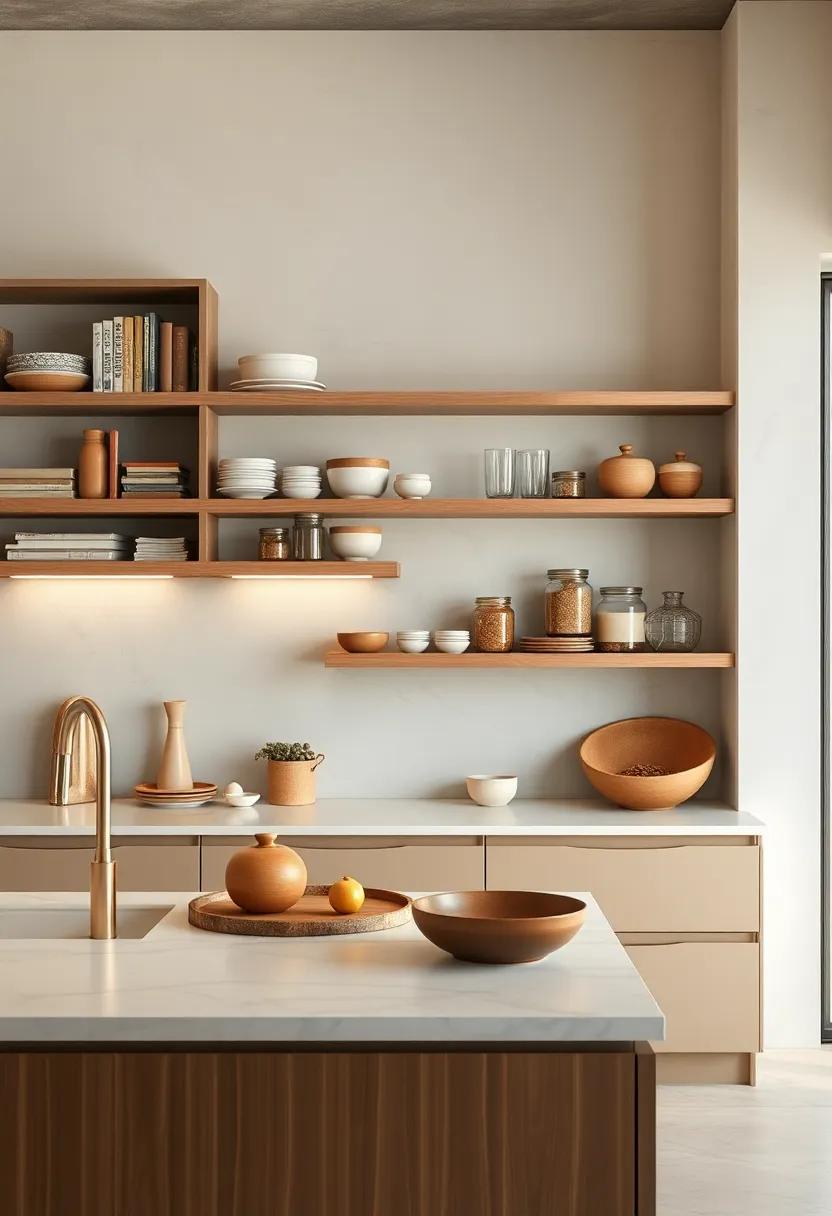 Style your open shelves with beige cookbooks and jars, unifying the space with a curated look