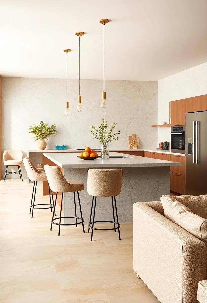 Use beige upholstery on bar stools to introduce comfort and sophistication to your kitchen island