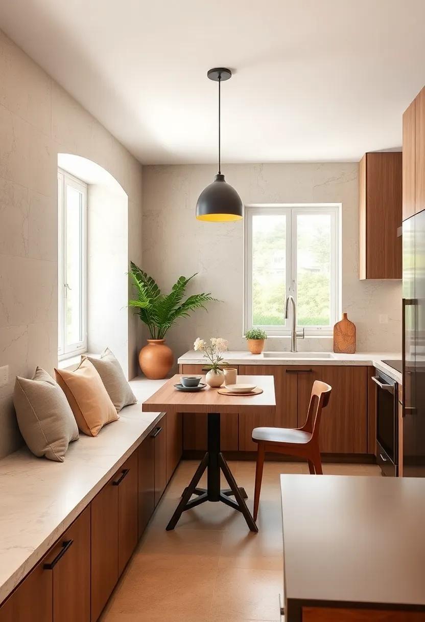 Use beige cushions on window seats to create a cozy nook for morning coffee or casual dining