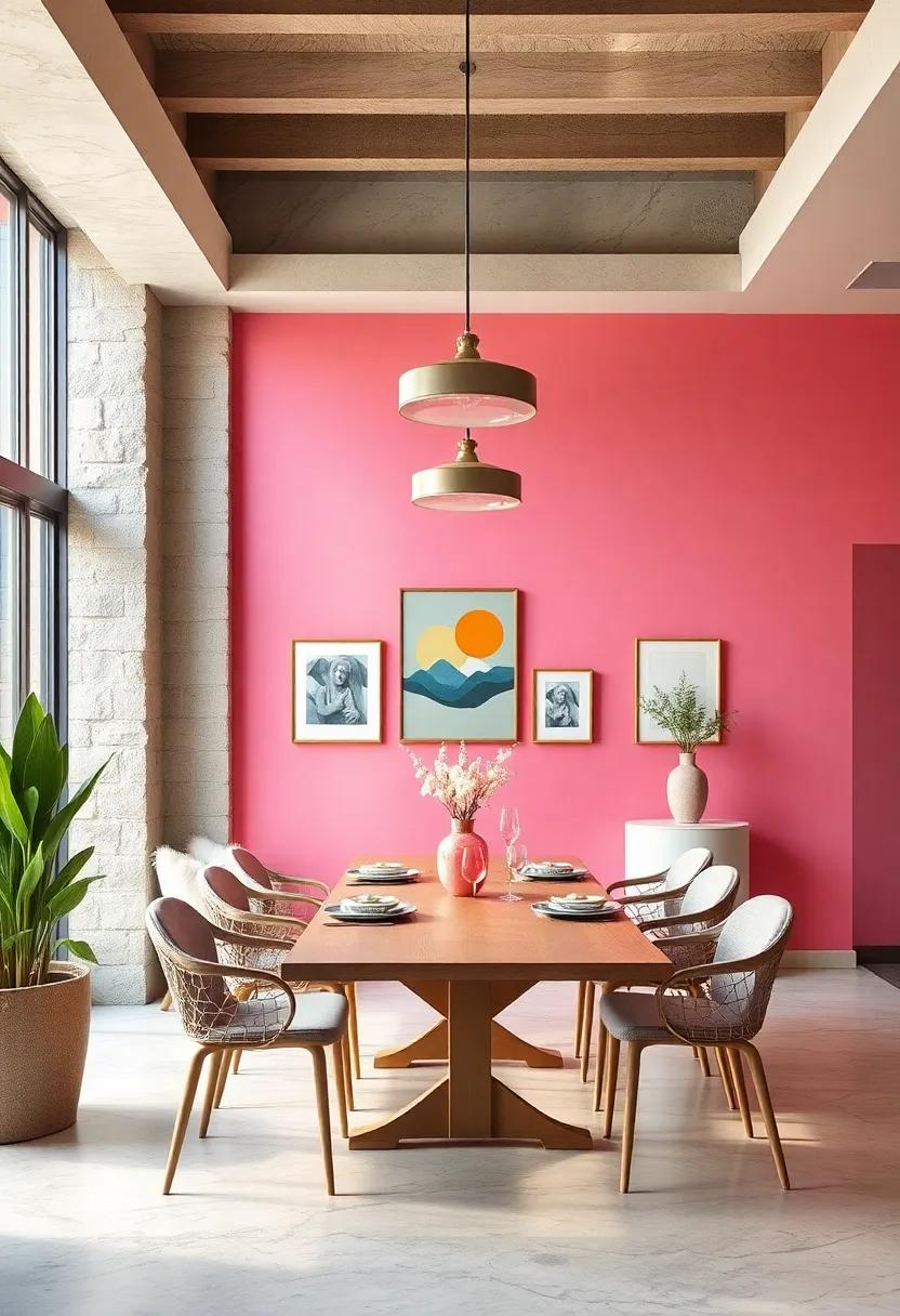 Bubblegum‌ Pink Feature Wall: Create⁤ a bold ⁢statement with a bubblegum ‌pink feature wall ⁣that serves‌ as ​a backdrop‍ for your‍ artwork and dining experiences