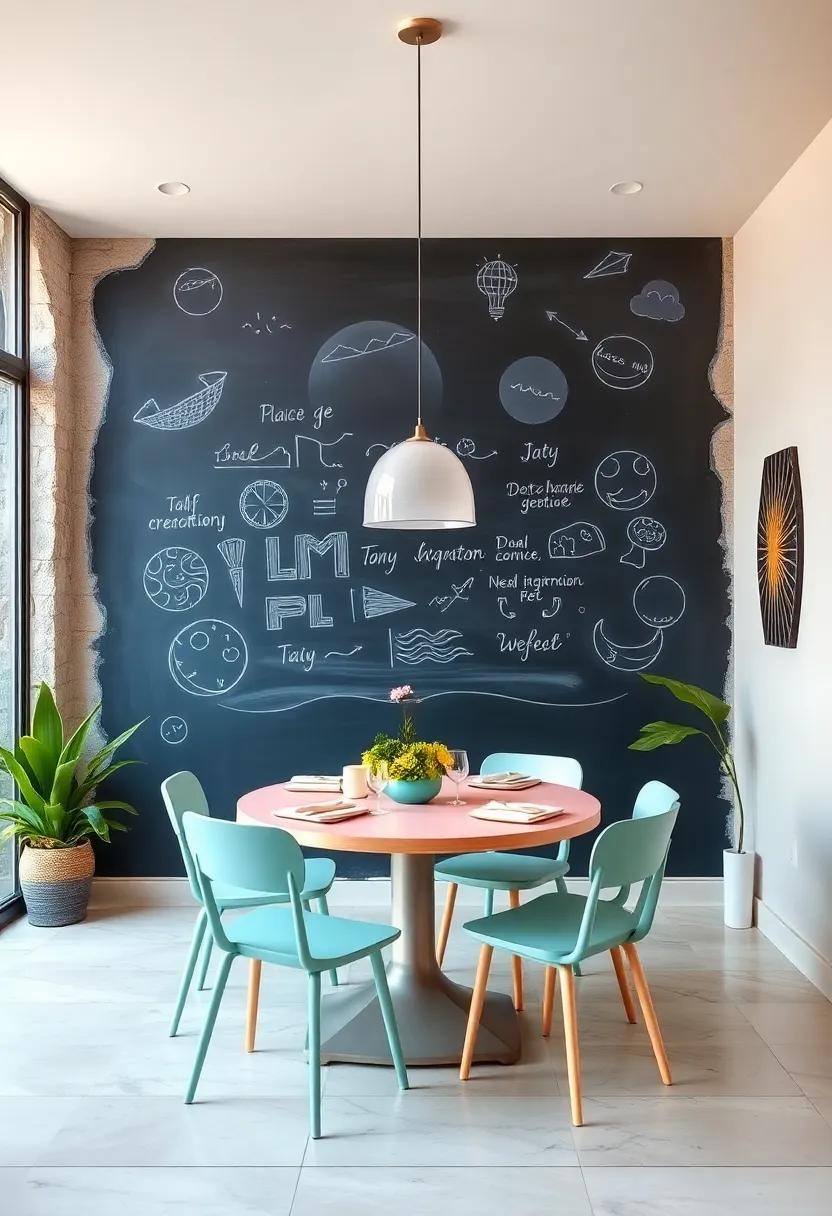 Charming Chalkboard​ Wall:⁢ Create ​a playful chalkboard‍ wall painted ‌in pastel ⁣colors that not only serves ⁢as a fun doodle space but also as a⁤ unique menu ​board‌ for dinner ‍parties