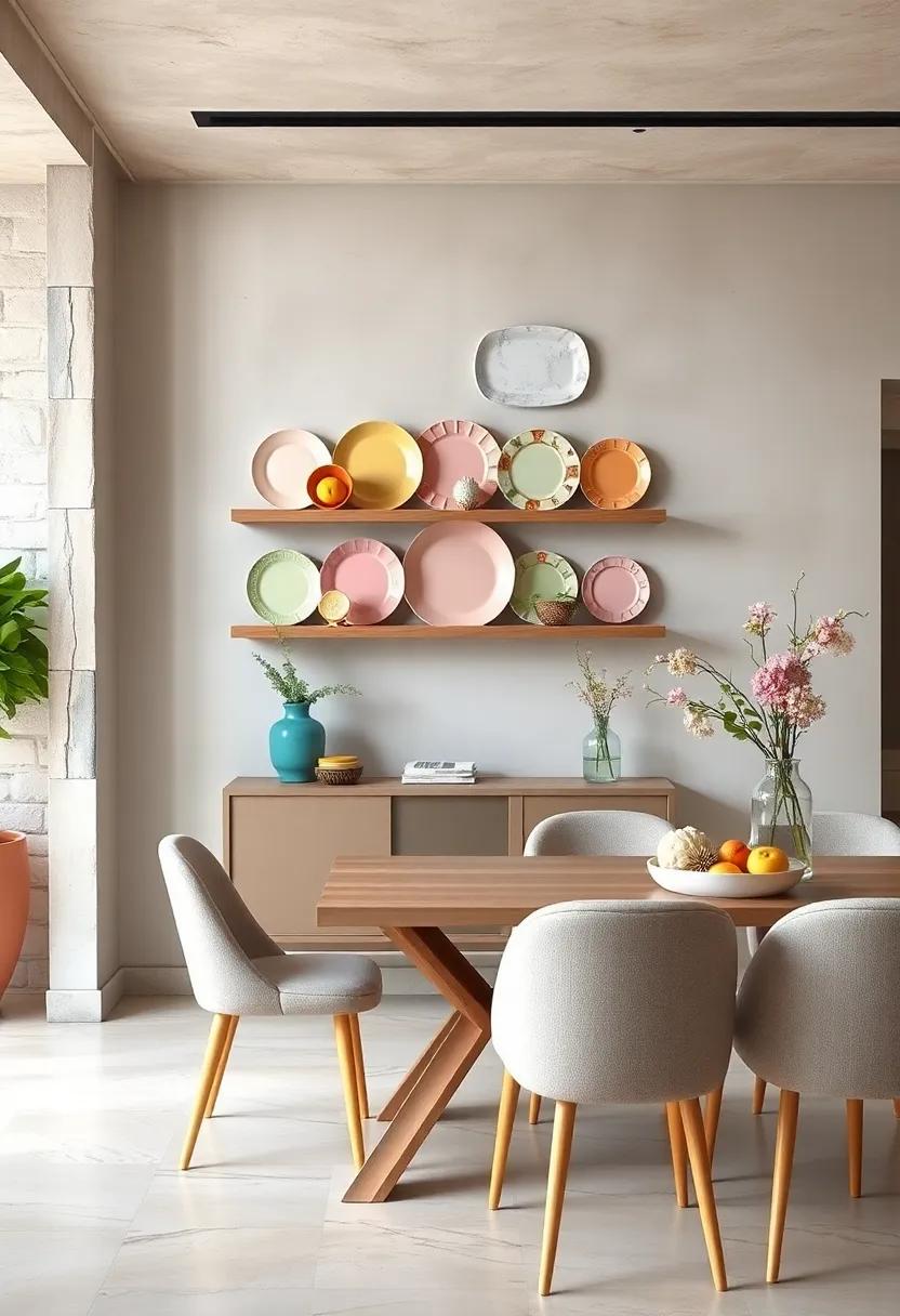 Colorful Plate‌ Display: Showcase a ⁢collection of pastel plates ⁤on a wall-mounted‍ shelf for a bit of whimsy and color that adds visual‍ interest when⁣ not in use
