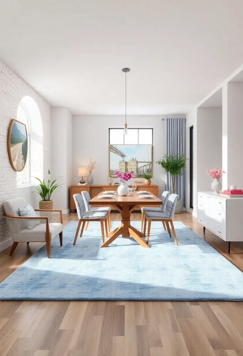 Light Blue ‌Dining Room Rug: Select a light ⁢blue area rug to ground​ your dining space,adding ⁣texture and comfort underfoot while enhancing the⁤ pastel theme