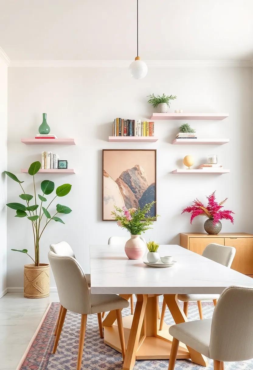 Pastel Wall‌ Shelves: Install‍ pastel wall shelves to display your favorite cookbooks or‍ decorative pieces, adding both storage and⁣ charm to your dining room