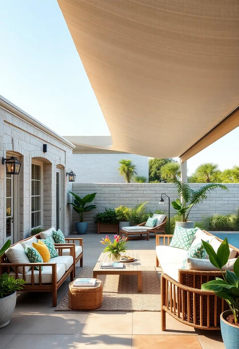 create a coastal vibe with⁣ a retractable⁤ roof made ‌of light,‌ airy‌ fabrics, complementing your patio’s beach-inspired decor and ocean-themed color palette