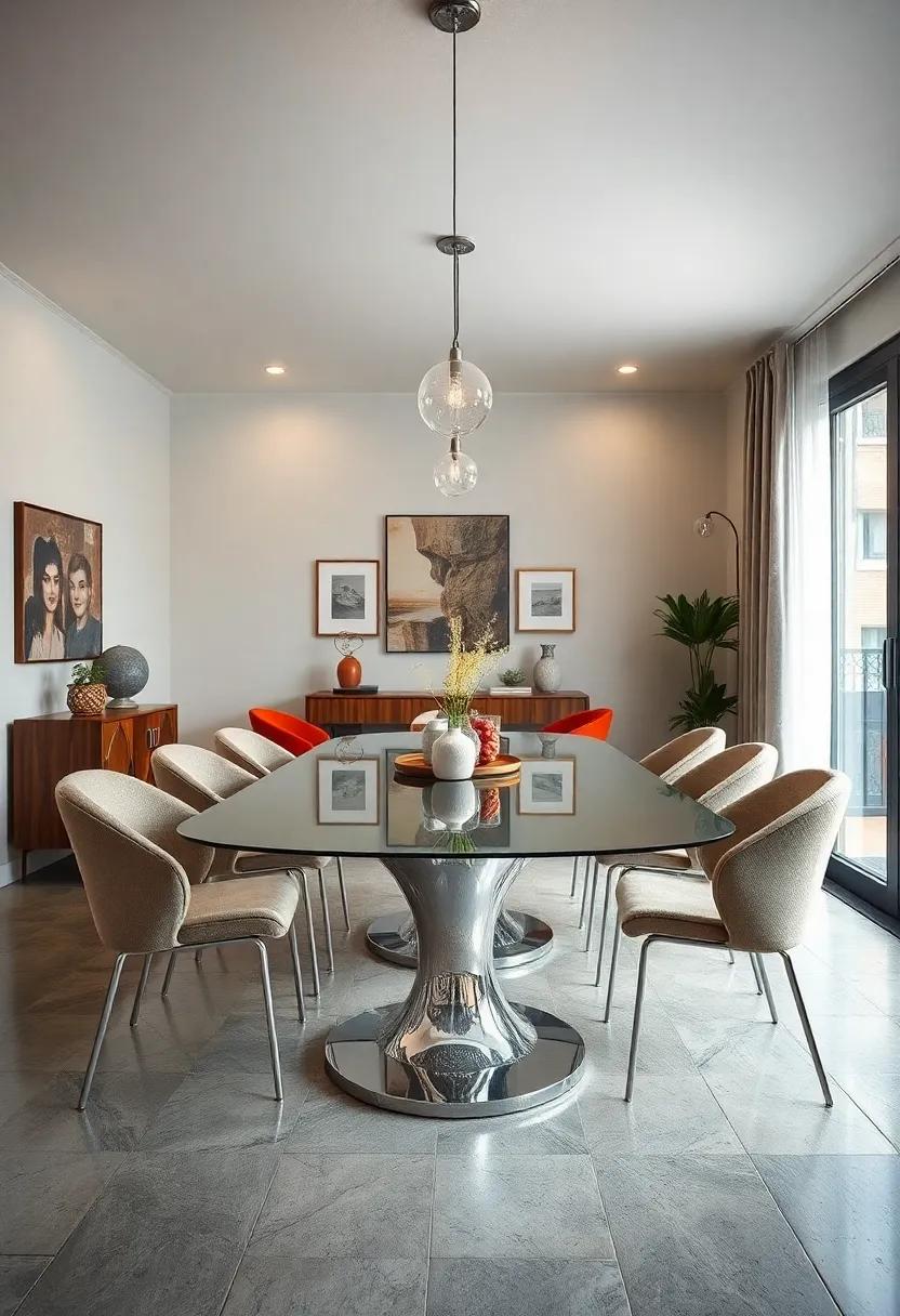 Chrome-Base Dining Table: The shiny surface and bold‌ lines of this table create a striking contrast against warm wood tones‍ and textiles