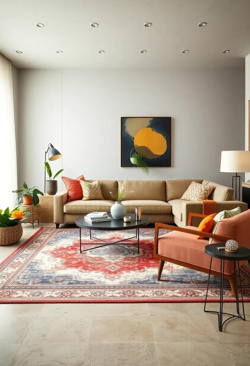 Focal point seating: position a statement sofa or chair ⁣atop ⁣your vintage rug, encouraging conversation and ⁢creating‍ a cozy gathering spot in ⁣the room
