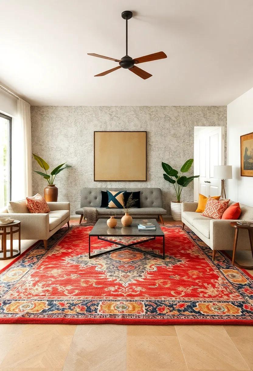 artistic layering: Incorporate an oversized ⁢vintage rug​ beneath a coffee table and ⁢art pieces to define your ⁣living area while⁣ maintaining an artistic​ vibe