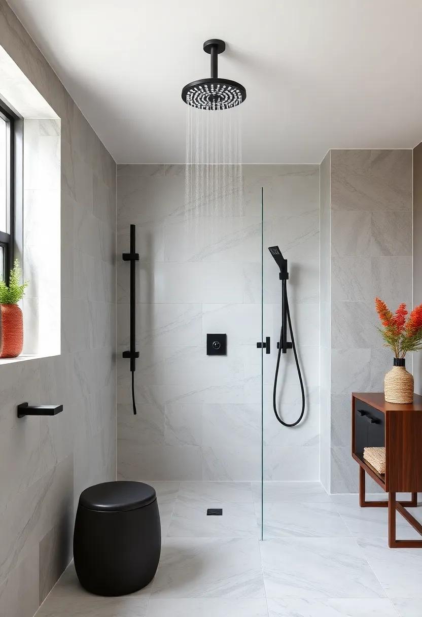 Bold Black Elegance: Experience⁢ the ​drama of matte black fixtures ⁤paired with a rainfall showerhead, creating a striking contrast against bright white tiles