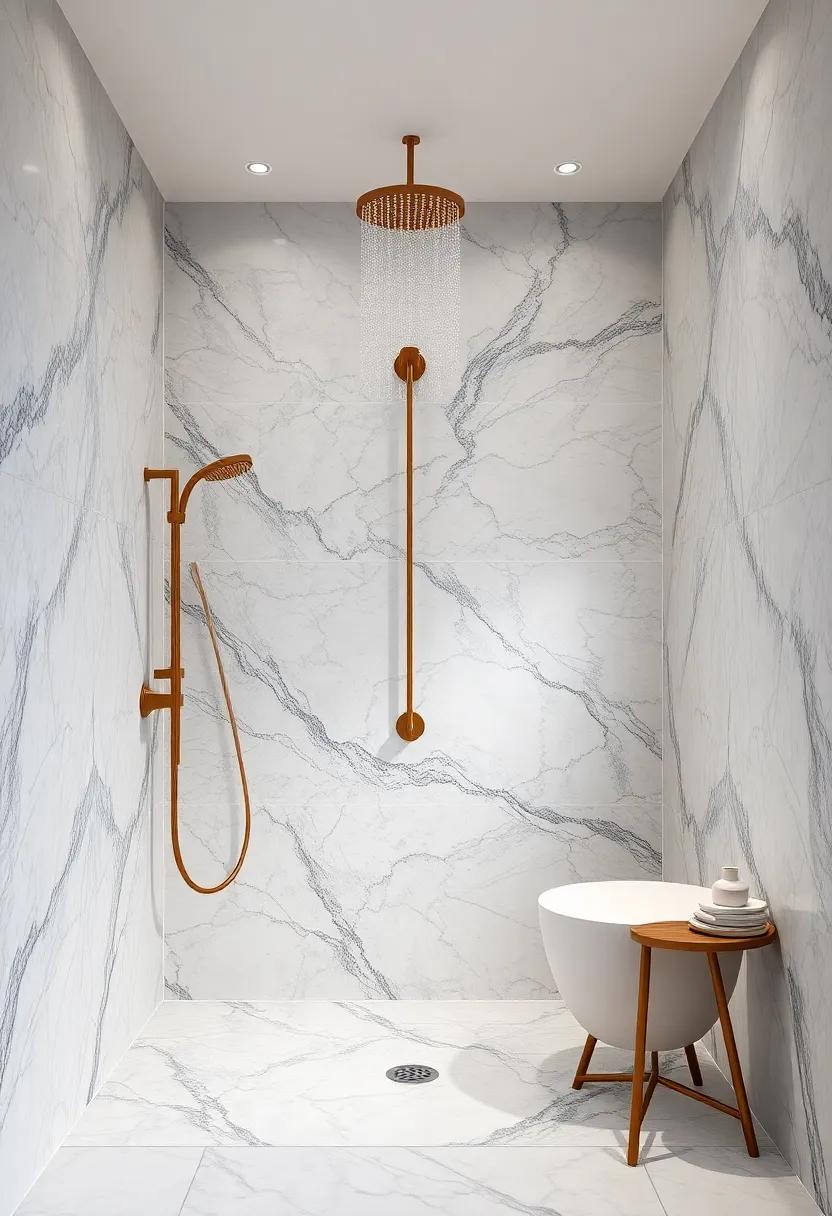Marbled Serenity: ‍Revel in the elegance ⁤of marble walls paired with a ‍sleek rainfall showerhead, combining⁤ luxury and sophistication effortlessly