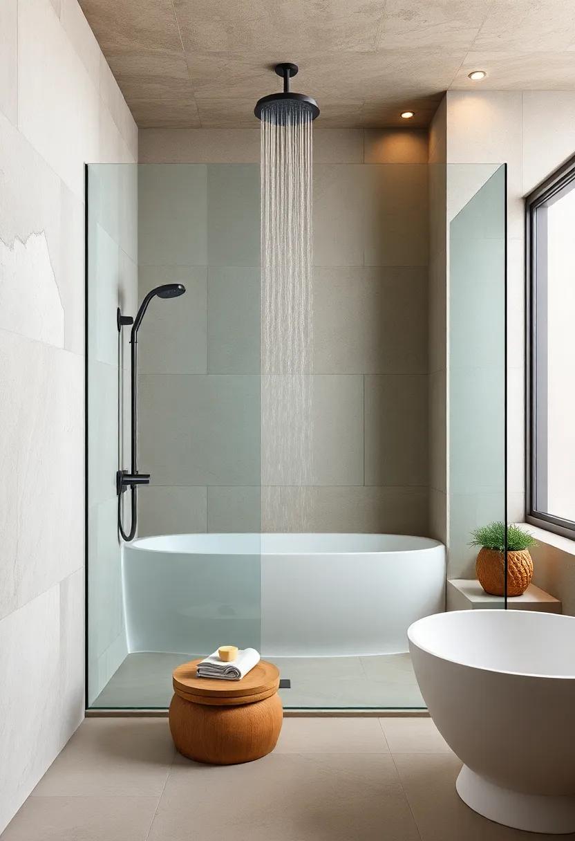 Minimalist‍ Oasis: Discover how sleek,‌ frameless‌ glass walls and a⁤ rainfall showerhead create a tranquil escape in modern bathrooms