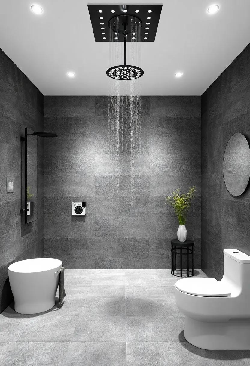 Monochrome Magic: Experience ⁤the sophistication of black and white bathrooms, where a rainfall‍ showerhead adds ⁤a touch of​ modern flair