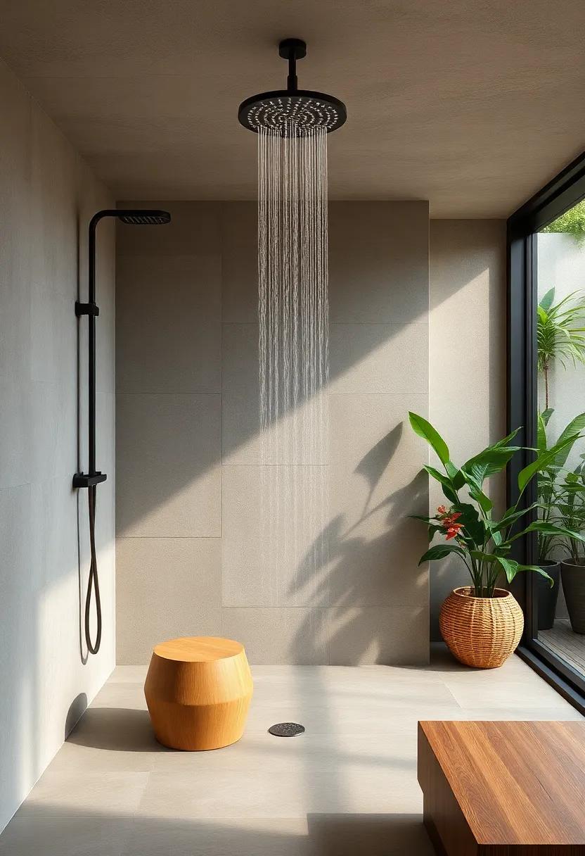 Outdoor Escape: ⁤Dive into the world of‍ outdoor showers​ adorned with rainfall fixtures,‌ bringing the beauty of⁢ nature into everyday bathing
