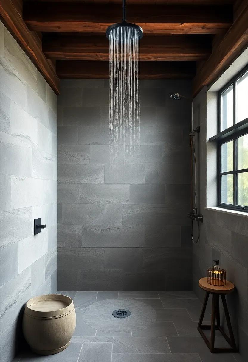 Rustic Retreat: Embrace the charm of natural materials,⁤ where exposed beams and stone tiles complement the soothing flow of‌ a rainfall shower