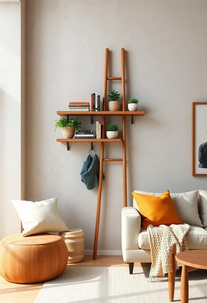 Ladder‍ Shelving: Repurpose an old wooden ladder as a wall-mounted storage showcase for‍ books, plants, or decorative items, adding character to your living space