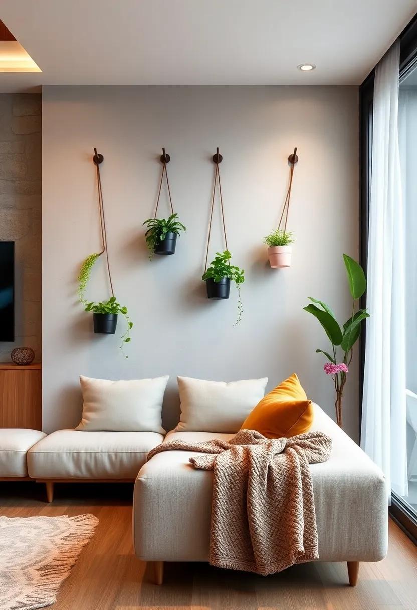 floating Plant holders: Use wall-mounted hooks to suspend small pots of trailing plants, adding greenery while keeping surfaces free from clutter
