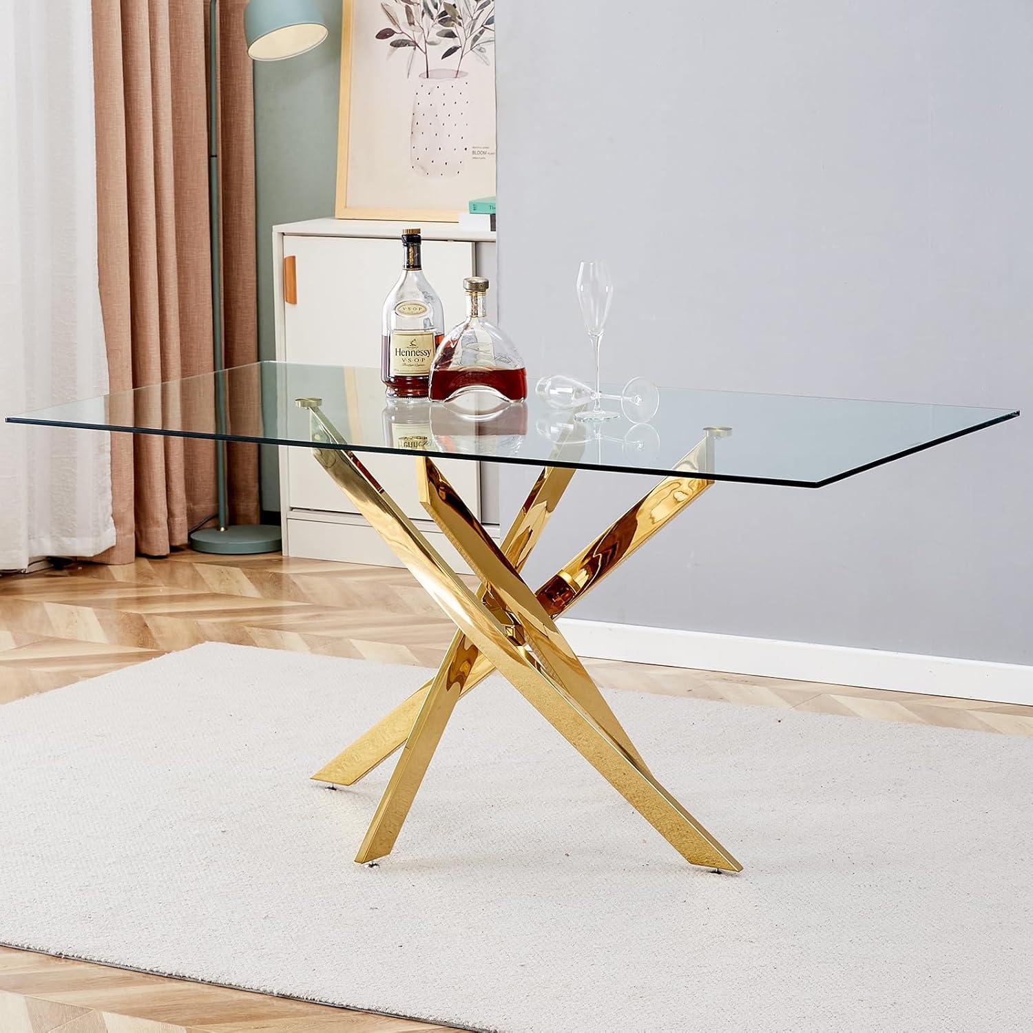 Our Take on the Sleek 63″ Glass Dining Table with Gold Legs