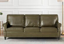 Our Thoughts on the 80″ Olive Green Faux Leather Sofa with Nailhead Trim