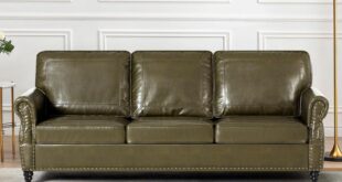 Our Thoughts on the 80″ Olive Green Faux Leather Sofa with Nailhead Trim