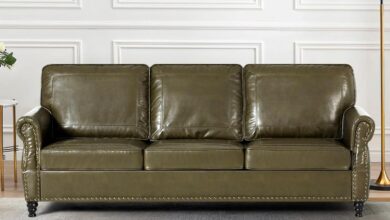 Our Thoughts on the 80″ Olive Green Faux Leather Sofa with Nailhead Trim