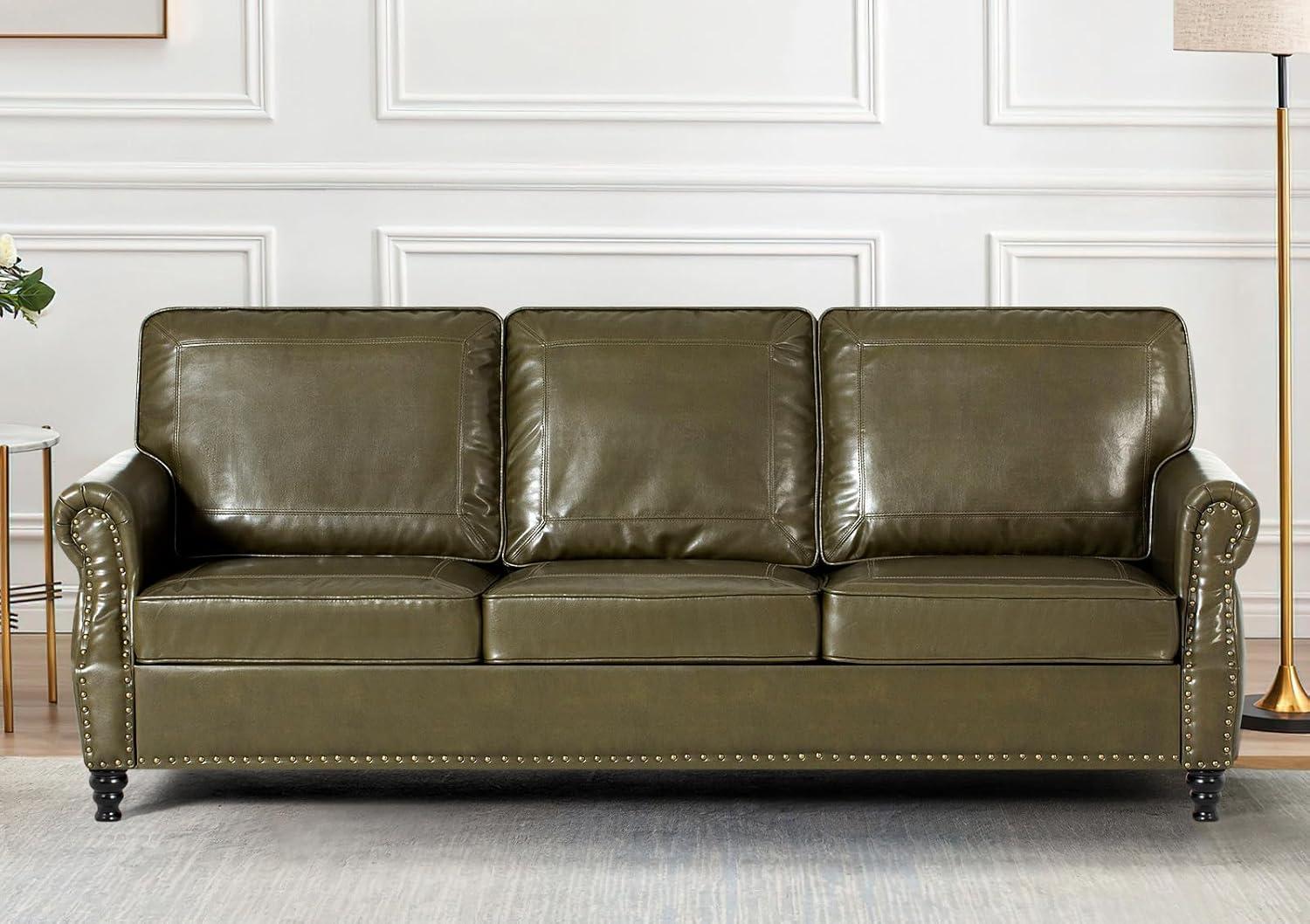 Our Thoughts on the 80″ Olive Green Faux Leather Sofa with Nailhead Trim