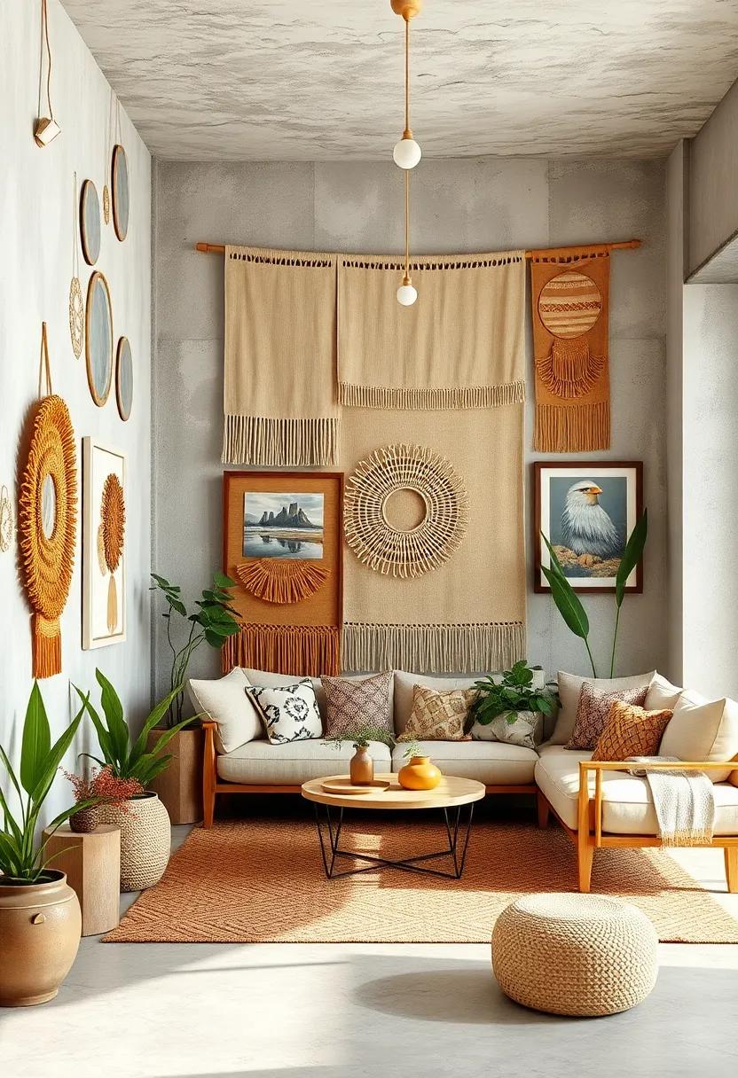 Combine woven wall hangings with framed artwork for an eclectic gallery wall