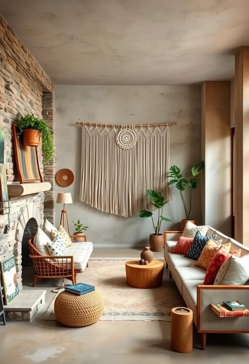 Hang a macramé tapestry alongside colorful woven fabrics for a textured focal point