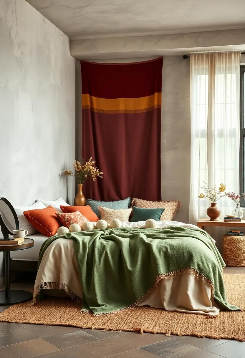 Layer different-sized blankets in complementary hues at the foot of your bed