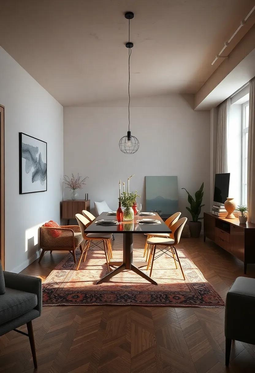 Draw visual boundaries with a small​ area rug underneath the dining table