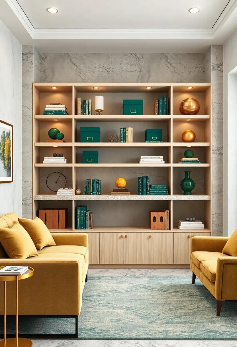 Style your bookshelves with‍ forest green‌ decorative boxes and gold bookends for organized⁣ sophistication
