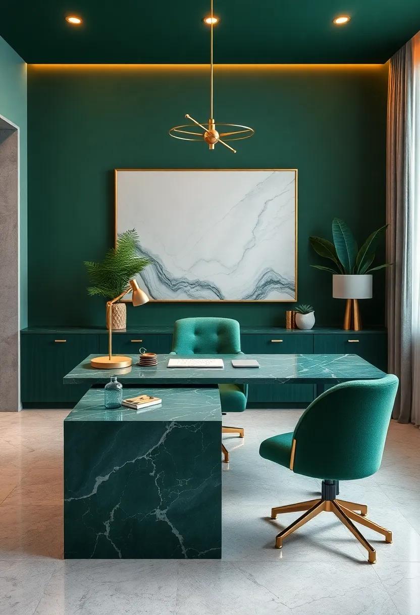 Choose a marble desktop with faint green veining paired with gold hardware for an elegant workspace