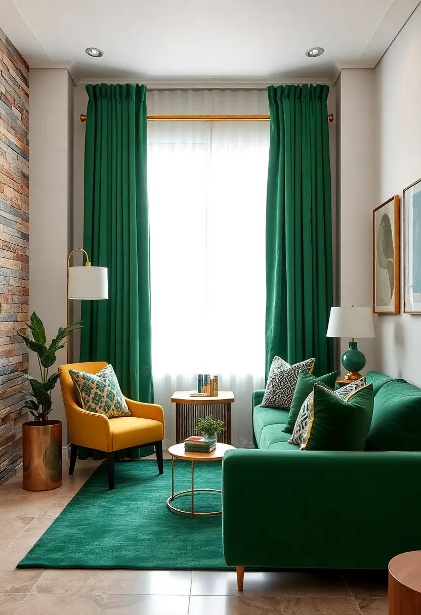 Use velvet forest green curtains paired with gold curtain ‌rods to add texture ‍and elegance