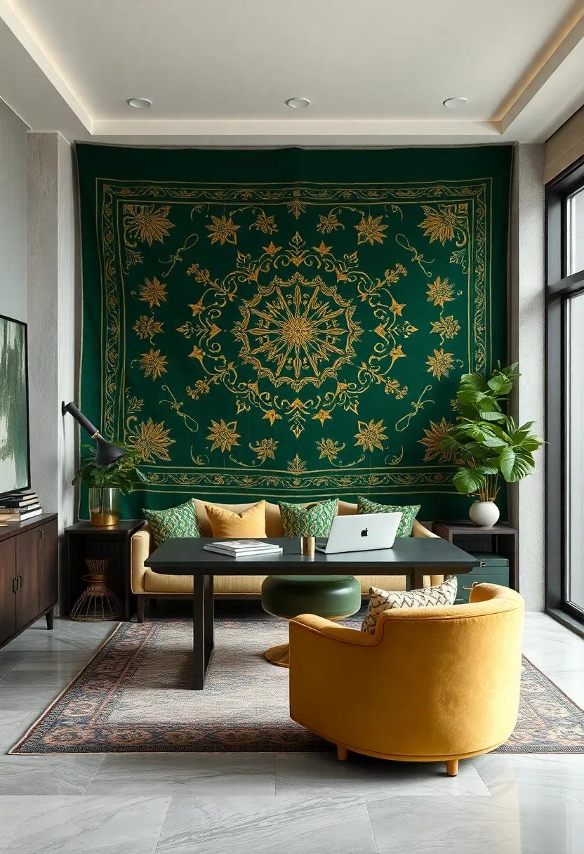 Hang a large forest green tapestry with gold patterns to add warmth and artistry