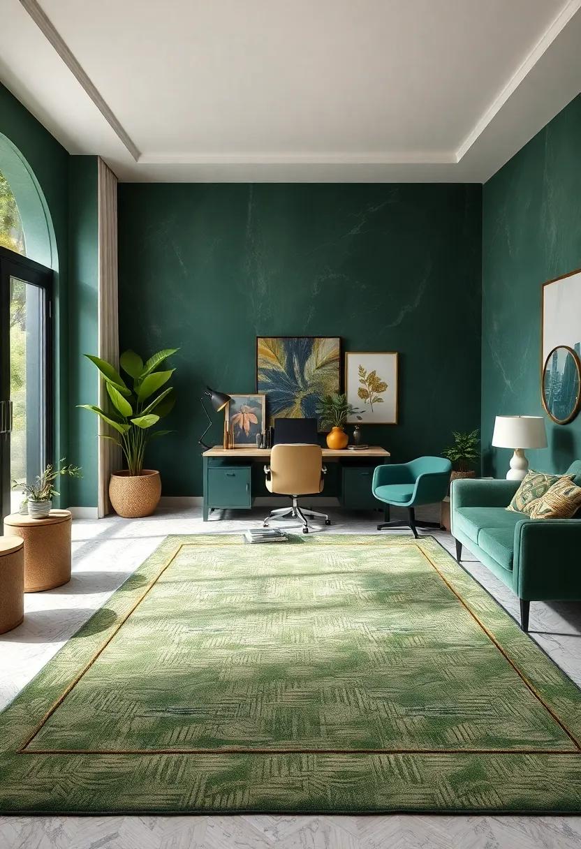 Choose a plush ‌forest green area rug⁢ with‌ subtle gold threading to ​anchor the space