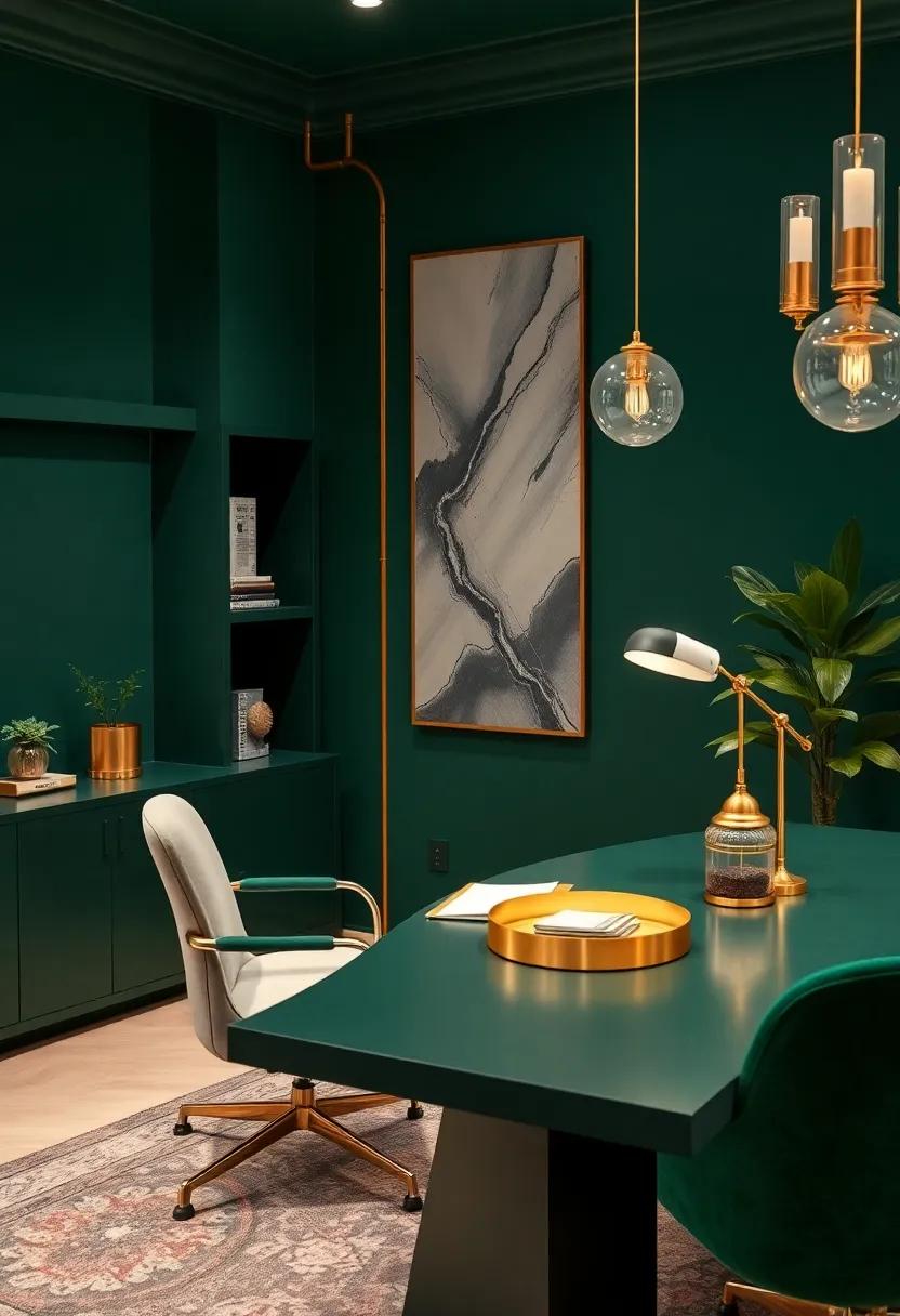 Use​ gold desk accessories like ‍pen ​holders or trays against a forest green desktop for‍ functional glamour