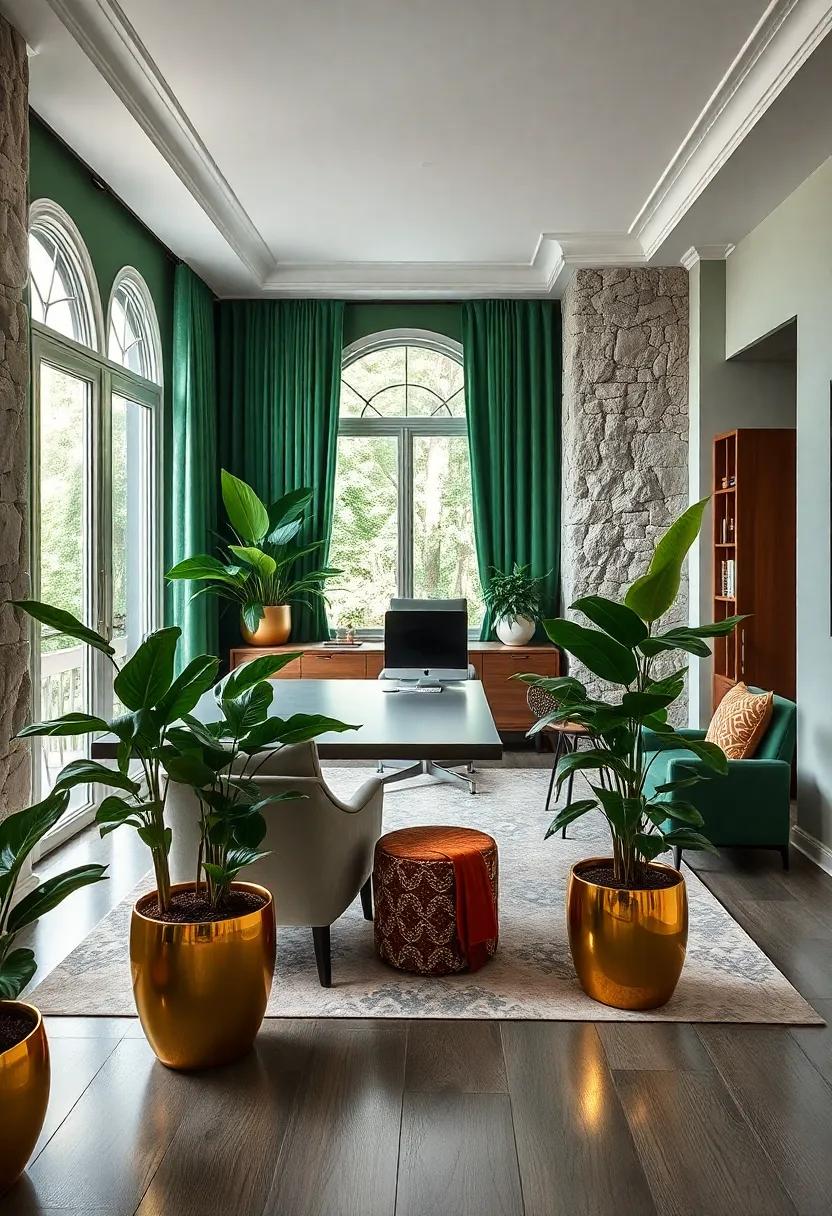 Incorporate lush green plants in gold ⁣pots to bring organic ⁢life and shine into your ‍sanctuary