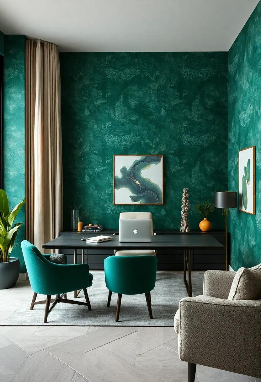 Incorporate textured forest green‍ wallpaper with subtle gold highlights for layered depth
