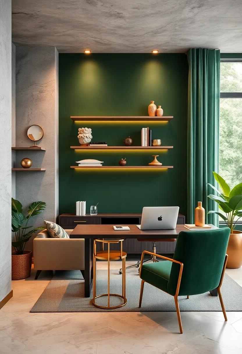 Use gold-framed floating shelves to display curated items​ while adding​ dimension