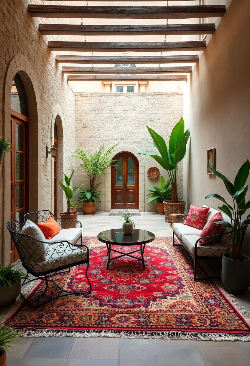 A Mediterranean courtyard transformed with a richly patterned Persian rug that anchors wrought-iron furniture and vibrant greenery