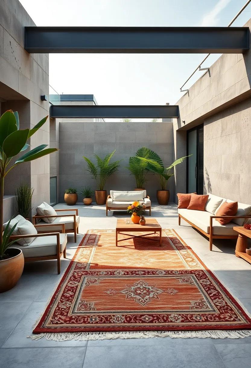 A rooftop garden lounge highlighted by a subtle-toned antique Dutch runner, adding warmth to the minimalist concrete and steel‍ surroundings
