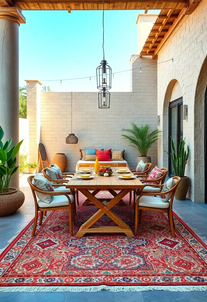 An alfresco ‌dining area ⁢enhanced by an intricately⁣ detailed Moroccan rug, complementing the natural wood table and hanging⁤ lanterns