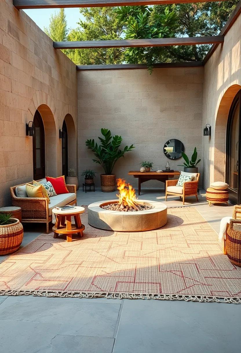 An intimate fire pit area surrounded by knotted, time-worn rugs that offer both comfort and layered texture underfoot