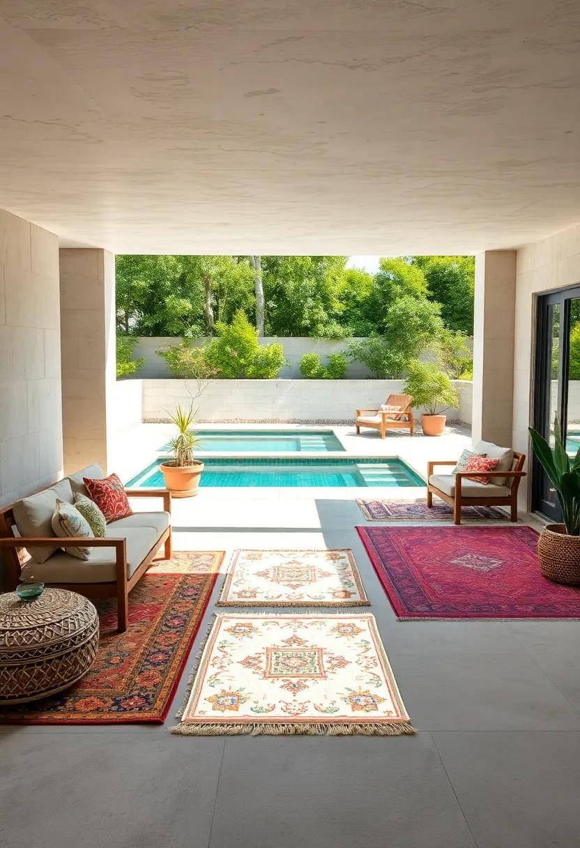 A bohemian pool deck enlivened by eclectic vintage ‍rugs, ⁤each piece contributing vibrant patterns to the ‌relaxed atmosphere