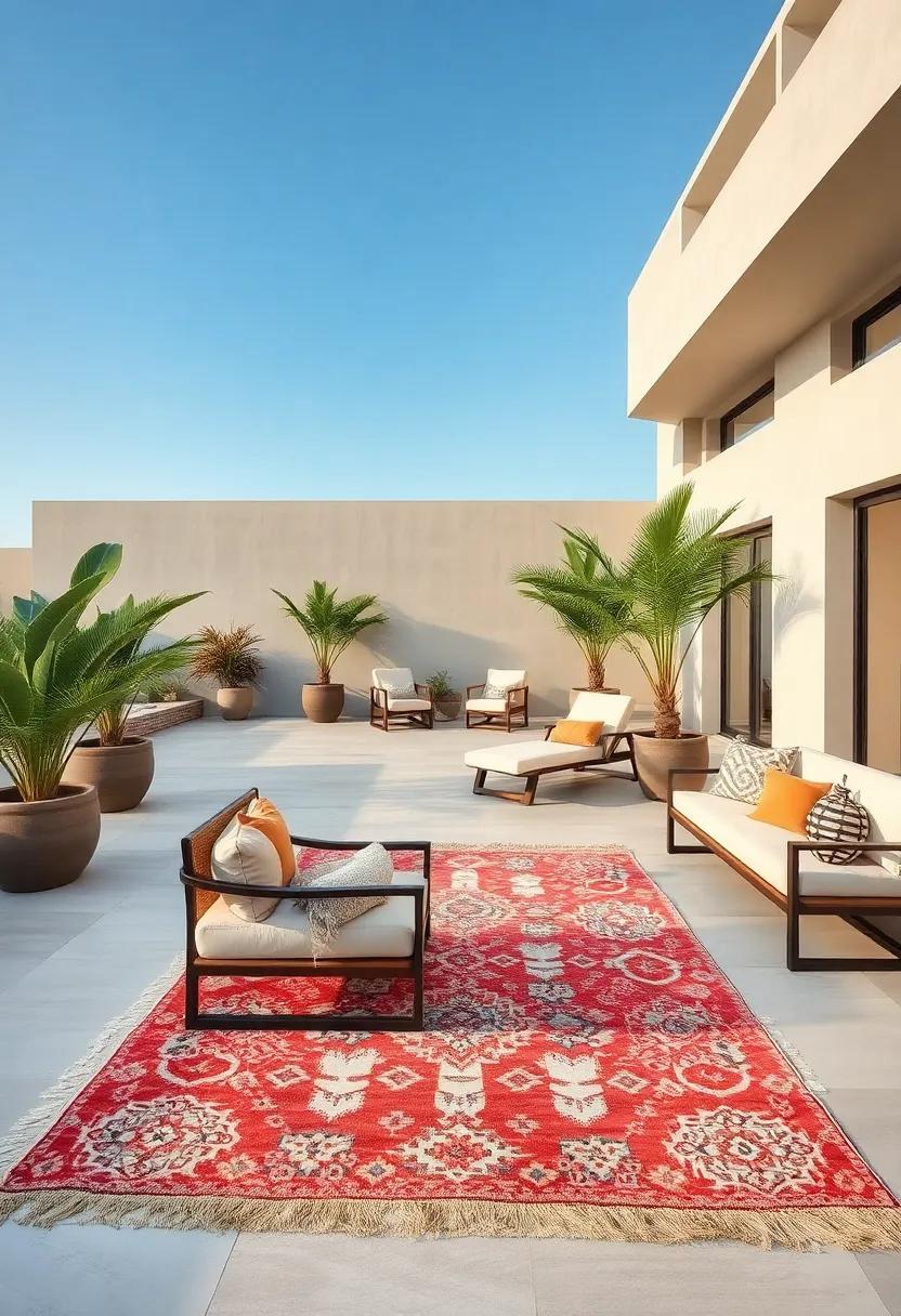 A sprawling terrace featuring a distressed vintage Kilim rug that contrasts beautifully with sleek modern loungers‌ and ⁤potted palms