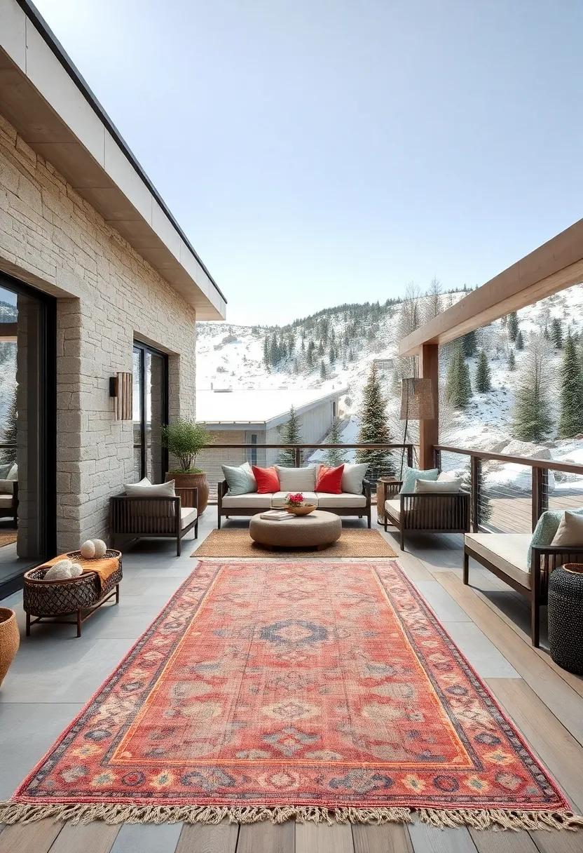 A contemporary chalet deck softened by a faded vintage rug from Central Asia, creating a bridge between modern design and rustic warmth